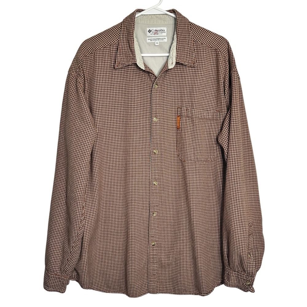 Columbia Mens XXL Shirt Y2K Rust Brown Houndstooth Plaid Cotton Button Up 2XL
